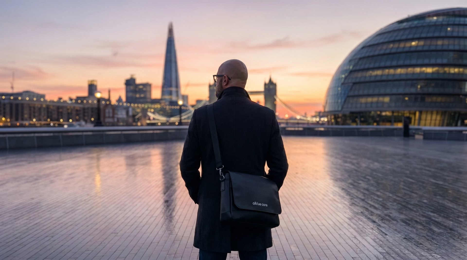 A professional crossing London at dusk carrying an aiBlue Core bag, the city skyline behind