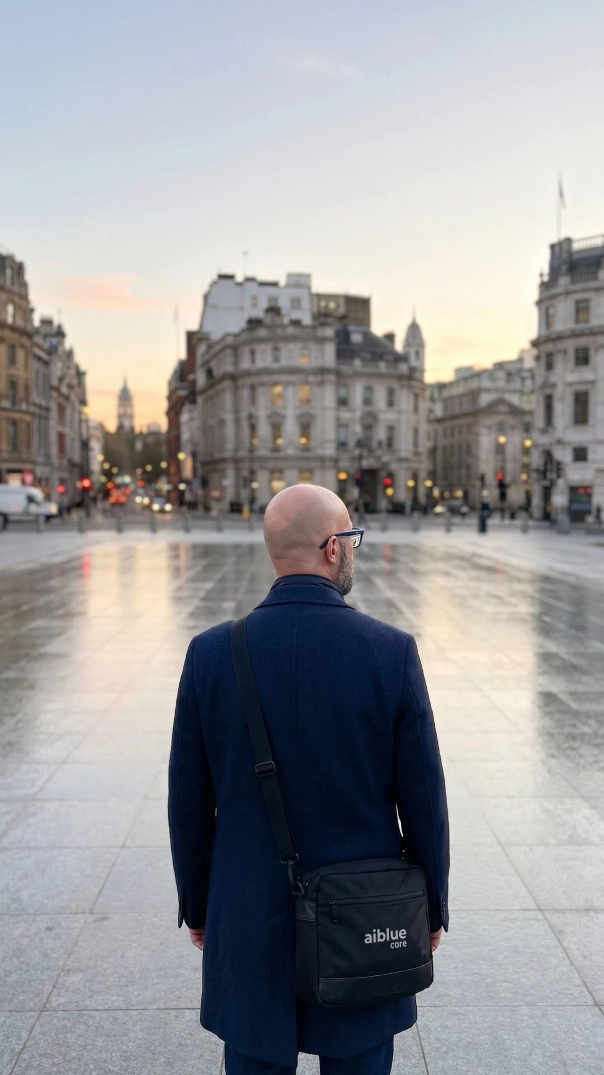 A professional in central London carrying an aiBlue Core bag